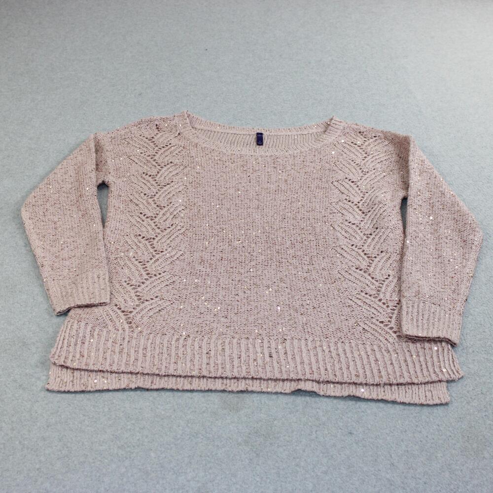 NYDJ Sweater Women Small Pink Sequin Cable Knit Pullover Crew Hem Slit Layered
